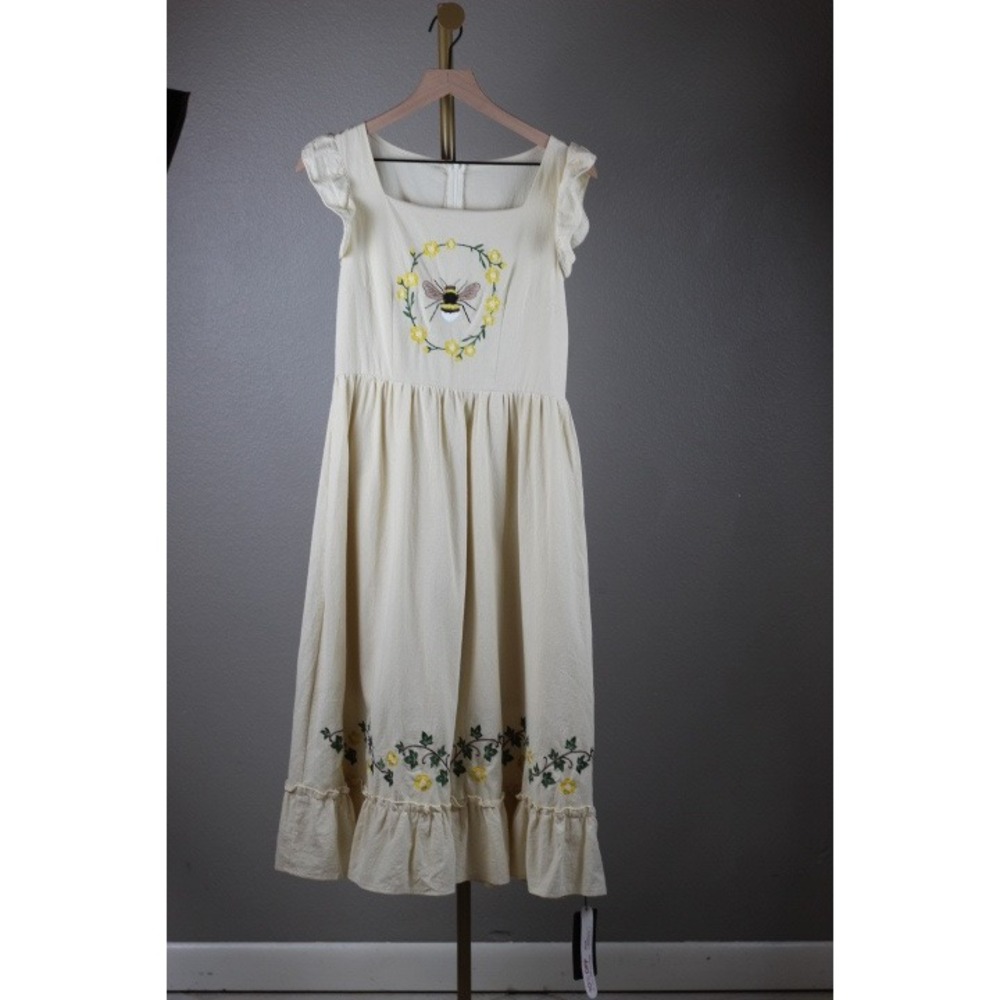Romwe Cream Embroidered Bee Floral Midi Dress Cottagecore Ruffle Sleeve Medium - Picture 2 of 8